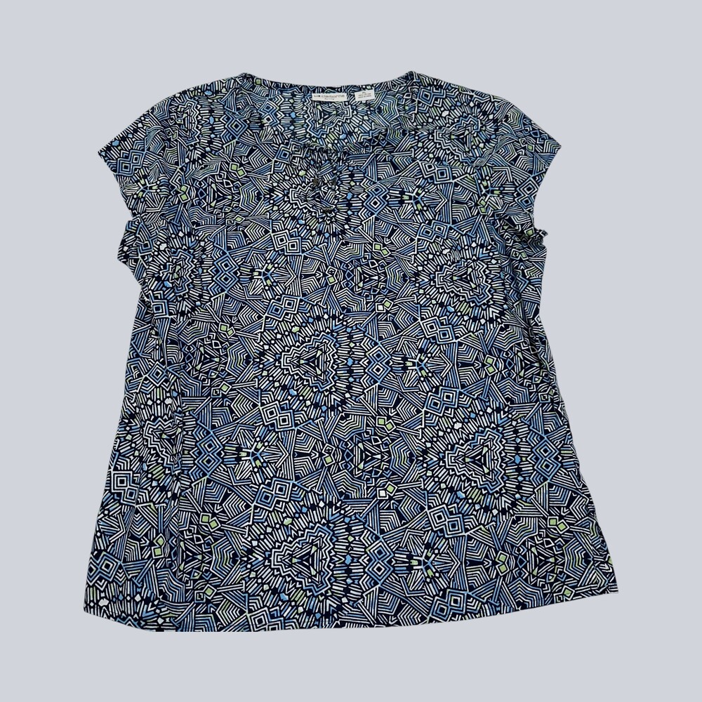 Liz Claiborne Petite PL Blue Geometric Print Cotton Tie Neck Tunic Top
